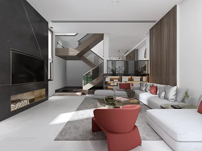 Modern Duplex Living Room Interior With TV Fireplace Staircase White Sofa And Red Chairs 3d model