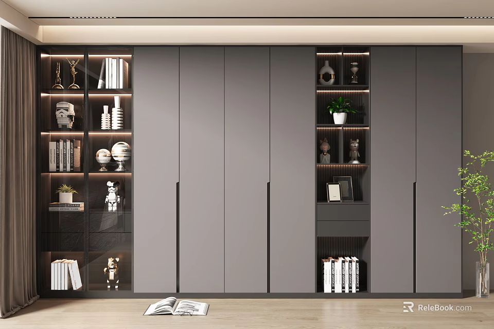 Modern Bookcase Design With Closed Doors Open Shelves Books Trophies And Potted Plant 3d model 