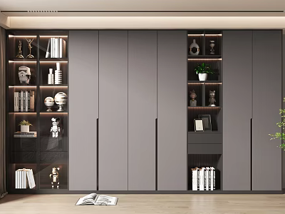 Modern Bookcase Design With Closed Doors Open Shelves Books Trophies And Potted Plant 3d model