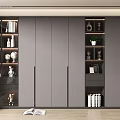 Modern Bookcase Design With Closed Doors Open Shelves Books Trophies And Potted Plant