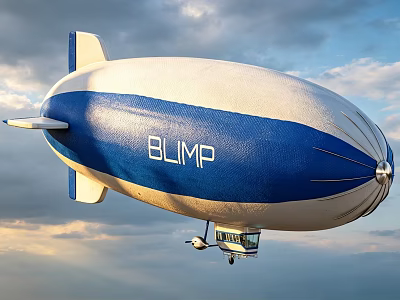 Blue and White Blimp Airship Flying in Cloudy Sky with BLIMP Lettering 3d model