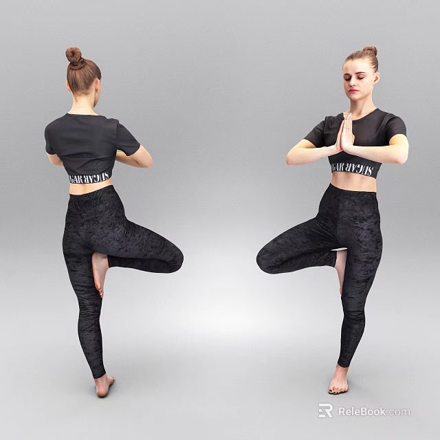 Woman Practicing Yoga Tree Pose Wearing Black Crop Top And Fitness Leggings 3d model 
