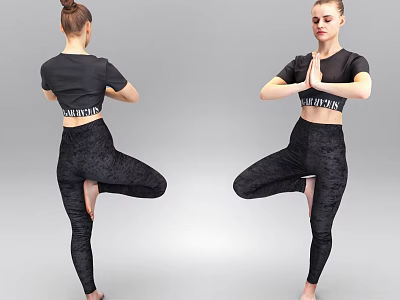 Woman Practicing Yoga Tree Pose Wearing Black Crop Top And Fitness Leggings 3d model