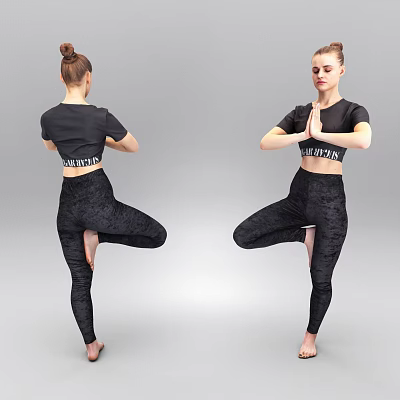 Woman Practicing Yoga Tree Pose Wearing Black Crop Top And Fitness Leggings 3d model
