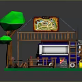 Cartoon Outdoor Food Stall Setup With Wooden Canopy Food Truck Bench Tree And Grill