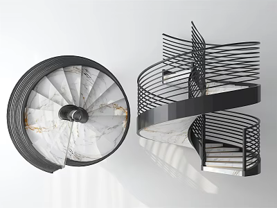 Modern Spiral Staircase Interior With Marble Steps And Black Metal Railings 3d model