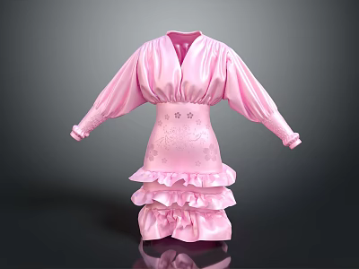 Pink V Neck Lantern Sleeve Dress With Decorated Waist And Layered Ruffled Skirt 3d model