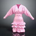 Pink V Neck Lantern Sleeve Dress With Decorated Waist And Layered Ruffled Skirt