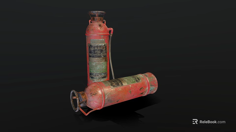 Two Vintage Red Fire Extinguishers With Green Labels And Hose On Black Background 3d model 