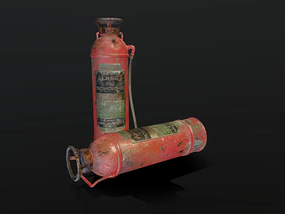 Two Vintage Red Fire Extinguishers With Green Labels And Hose On Black Background 3d model