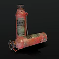 Two Vintage Red Fire Extinguishers With Green Labels And Hose On Black Background
