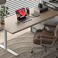 Functional Work Desk With Laptop Phone Stand Green Plant Leather Chair And Floor Lamp