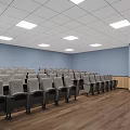 School Classroom Interior With White Round Tables Green Chairs Blackboard Display Screen Windows And Curtains