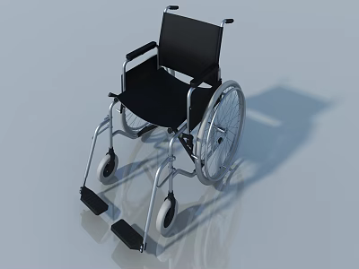 Black Seat Wheelchair With Silver Frame And Movable Wheels And Footrests 3d model