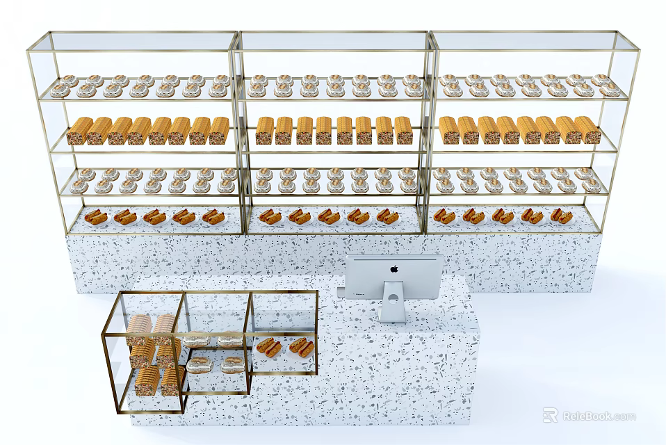 Bakery Display Shelves with Multiple Glass Tiers for Bread Pastries and Counter With Cashier Computer 3d model 