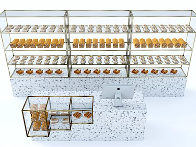 Bakery Display Shelves with Multiple Glass Tiers for Bread Pastries and Counter With Cashier Computer 3d model