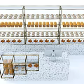 Bakery Display Shelves with Multiple Glass Tiers for Bread Pastries and Counter With Cashier Computer