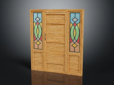 Wooden Door With Stained Glass Side Panels And Traditional Design Elements 3d model