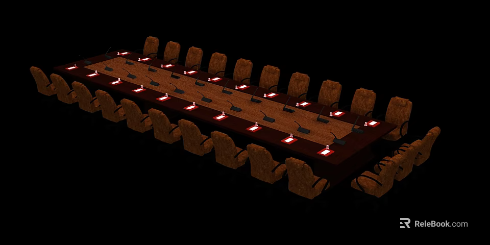 Long Wooden Conference Table With Surrounding Chairs And Desktop Lights In Meeting Room 3d model 