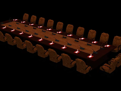 Long Wooden Conference Table With Surrounding Chairs And Desktop Lights In Meeting Room 3d model