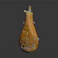 Vintage Yellow Leather Wine Bottle And Glass With Carved Patterns And Metal Accents