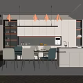 Modern Restaurant Interior Design With Open Kitchen Dining Table Chairs Cabinets And Pendant Lights 3d model