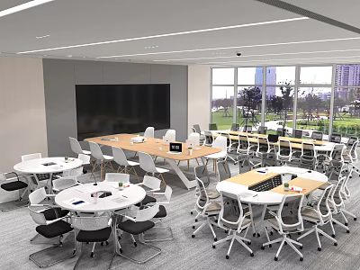 Modern Office Meeting Room Table Chair Set With Wheeled Chairs And Large Windows 3d model