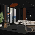 Modern Living Room With Floor to Ceiling Windows City View Beige Sofa Green Plant Wooden Bookshelves