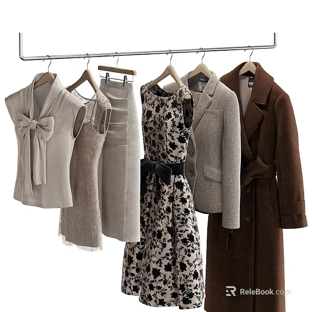 Stylish Women's Clothes Hanging on Hangers with Patterned Dress Brown Coat and Beige Vest 3d model 