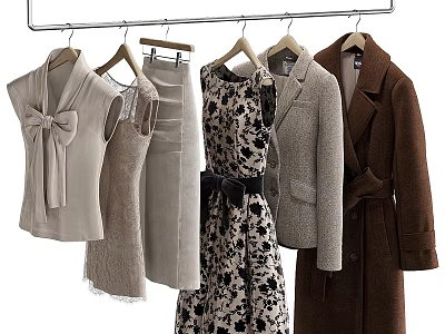 Stylish Women's Clothes Hanging on Hangers with Patterned Dress Brown Coat and Beige Vest 3d model