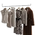 Stylish Women's Clothes Hanging on Hangers with Patterned Dress Brown Coat and Beige Vest