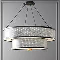 Modern Circular Chandelier with Double Layered Patterned Shades and Black Frame in Gray Interior