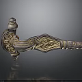 Ornate Decorative Metal Handle With Intricate Gold Silver Patterns And Red Gemstone