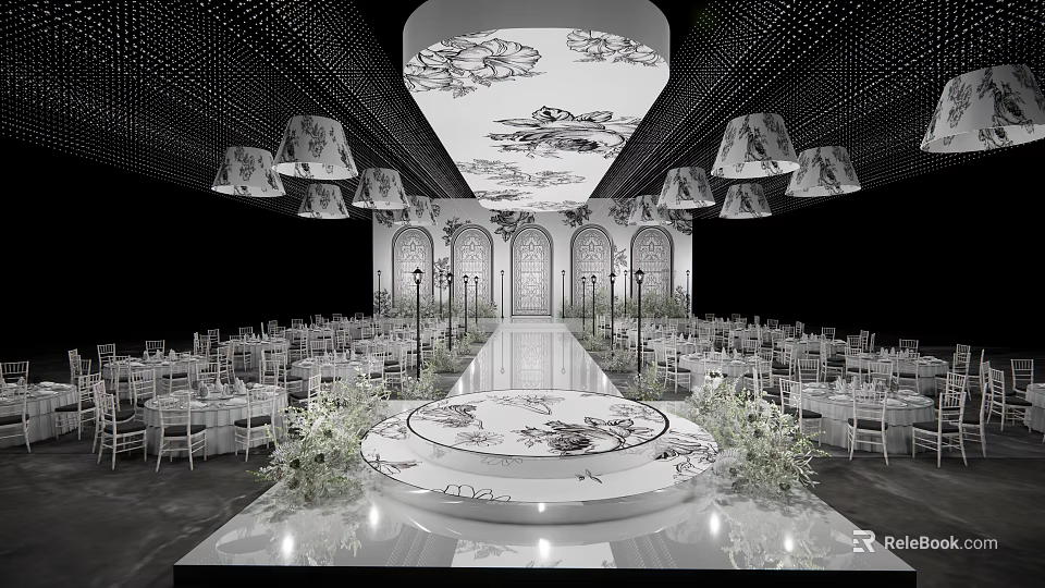Elegant Banquet Hall With Round Stage White Chairs Chandeliers Arched Doors Floral Ceiling And Plants 3d model 