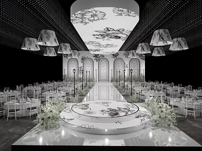 Elegant Banquet Hall With Round Stage White Chairs Chandeliers Arched Doors Floral Ceiling And Plants 3d model