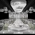 Elegant Banquet Hall With Round Stage White Chairs Chandeliers Arched Doors Floral Ceiling And Plants