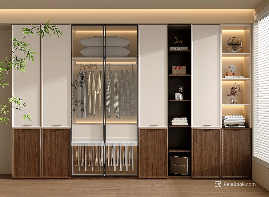 Modern Wooden White Wardrobe with Hanging Clothes Storage Shelves and Decorative Items in Interior Design 3d model 