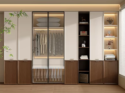 Modern Wooden White Wardrobe with Hanging Clothes Storage Shelves and Decorative Items in Interior Design 3d model