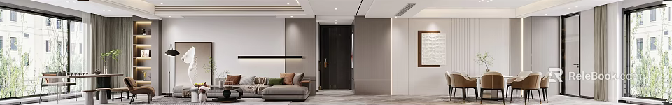 Elegant Modern Living and Dining Area Open Concept With Gray Sofa And Wooden Elements 3d model