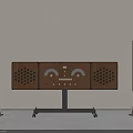 Retro Wooden Sound System With Main Control Panel And Two Standing Speakers On Metal Stand