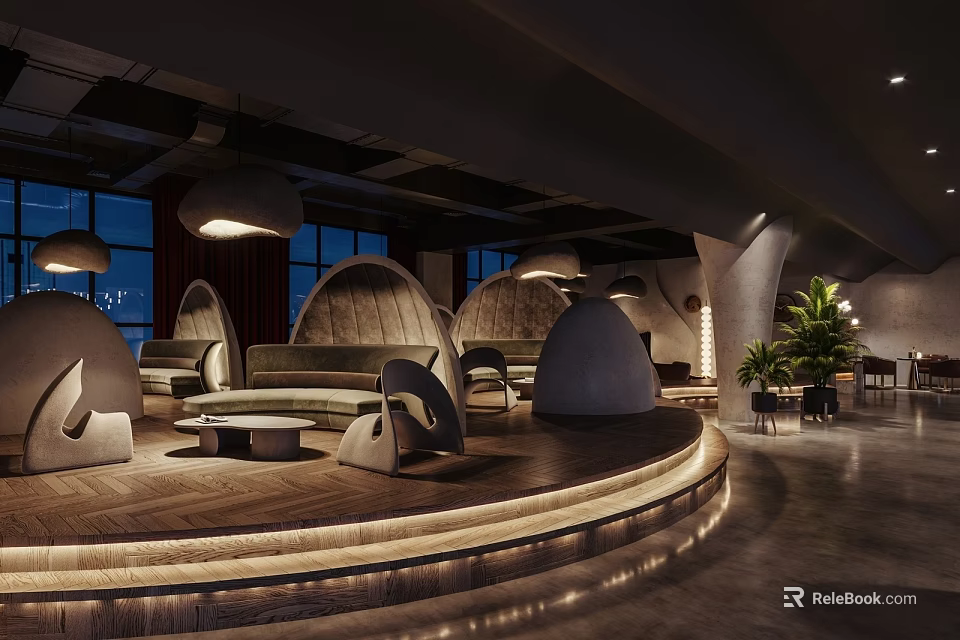 Modern Bar Interior With Curved Sofas Circular Platform Pendant Lights Large Windows And Dark Ceiling 3d model 