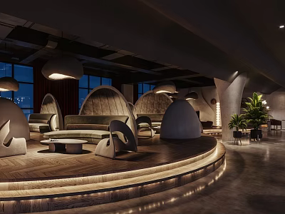 Modern Bar Interior With Curved Sofas Circular Platform Pendant Lights Large Windows And Dark Ceiling 3d model