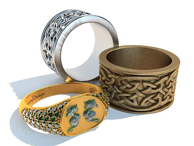 Exquisite Gold Silver Brass Rings With Intricate Knotwork Floral Motifs And Enamel Details 3d model