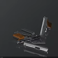 Metallic Pistol Weapon with Multiple Magazines and Metal Parts Displayed on Black Surface