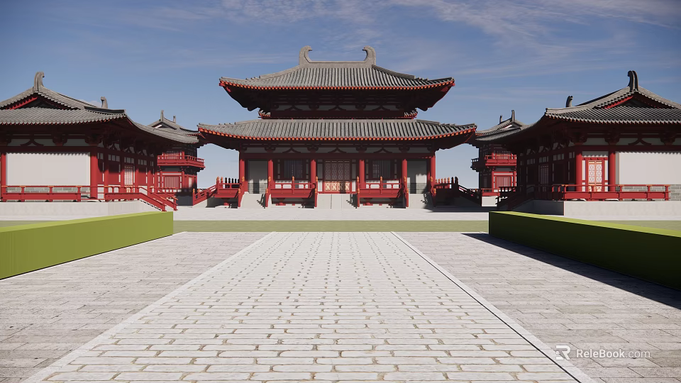 Ancient Chinese Architecture With Curved Eaves Red Columns Tile Roofs And Stone Path 3d model 
