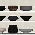 Modern Ceramic Vessels in Various Shapes and Neutral Tones Arranged on Shelves