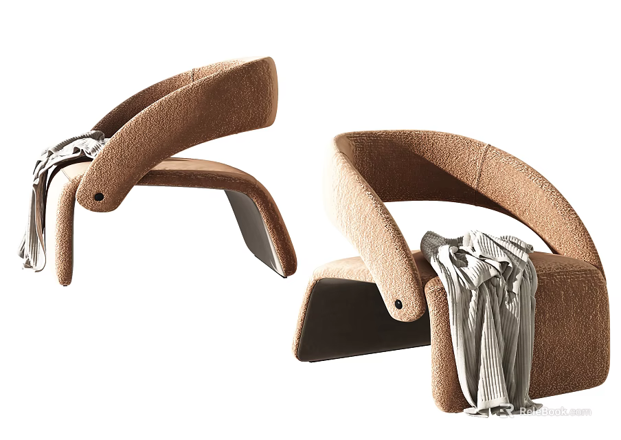 Brown Plush Leisure Chair With Curved Armrests And Draped Gray Blanket 3d model 