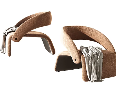 Brown Plush Leisure Chair With Curved Armrests And Draped Gray Blanket 3d model