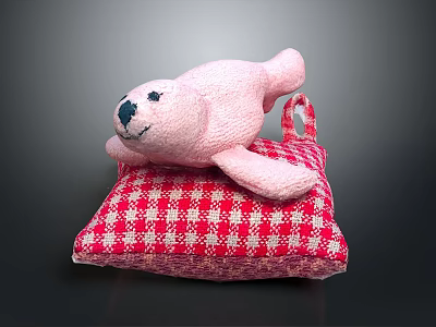 Adorable Pink Plush Seal Toy Lying On Red Checkered Pillow 3d model