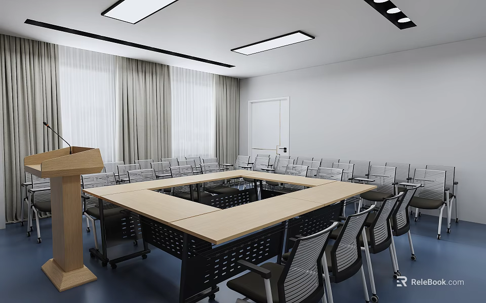 Modern Conference Room With Large Table Chairs Podium And Ceiling Lights 3d model 